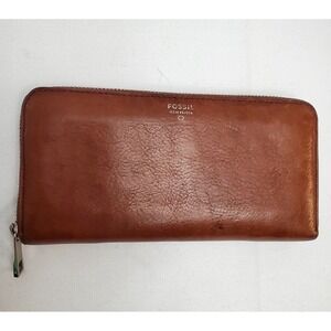 Vintage Women's Leather Fossil Wallet • BROWN • Multi-Compartments • Zip-Around